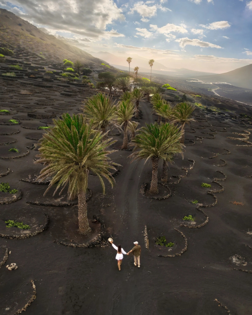 visiter Lanzarote en une semaine : drone sur uga la geria à Lanzarote vue du ciel vignes volcaniques